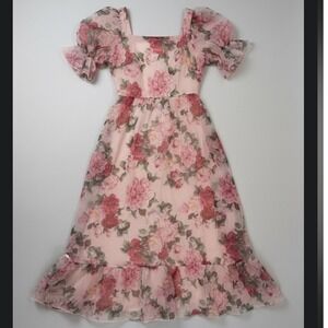 Pink Floral Organza Puff Sleeve Midi Dress Square Neck Ruffle Hem Romantic RoseS